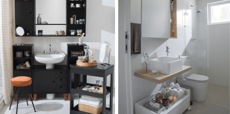 duas fotos de lavabo direita moveis de pretos e banquinho marrom do lado direito moveis branco com detalhe em madeira