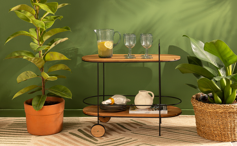 decoração de varanda com um carrinho bar de madeira, jarra, taças, vasos com plantas e um tapete.