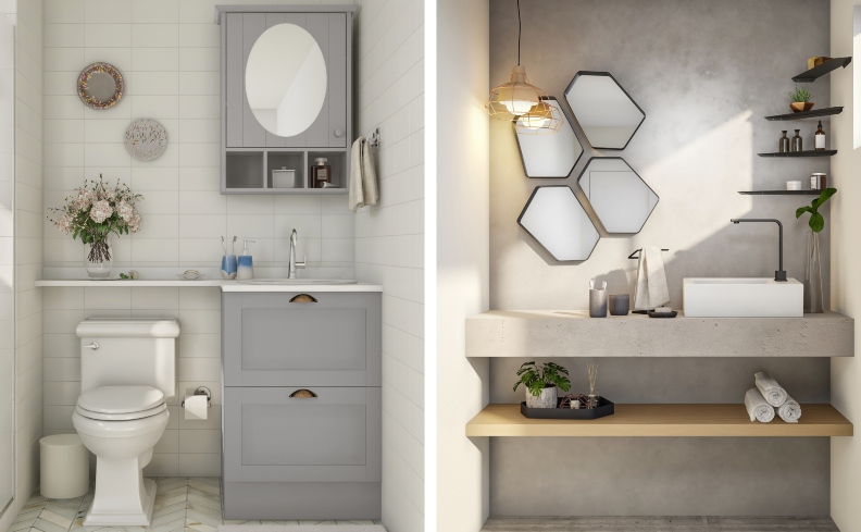 banheiros modernos com prateleiras e espelhos