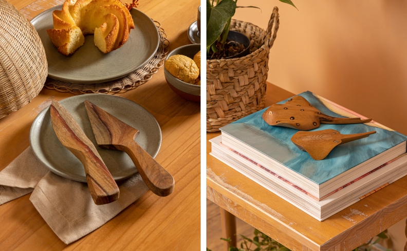 utensílios de cozinha em madeira e arraias decorativas - artesanato brasileiro