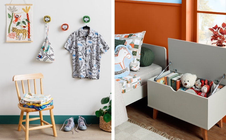 desapego para organizar: quarto infantil com roupas penduradas na parede e baú de brinquedos