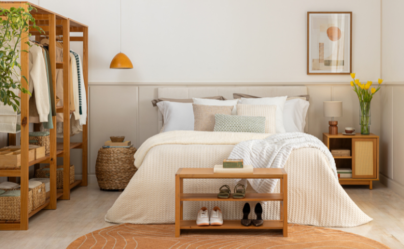 quarto de casal pequeno com sapateira puff e mesa de cabeceira