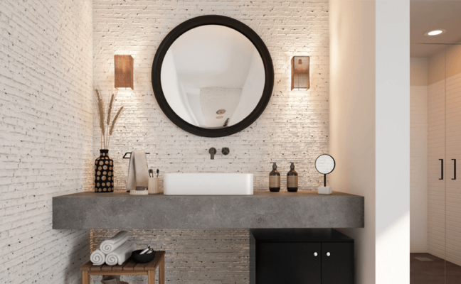 decoração de lavabo com espelho, aromatizador, saboneteira, entre ouros itens decorativos