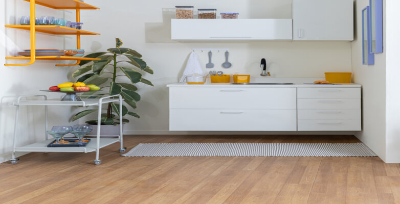 ambiente com lixeira para pia e cozinha, armários, estantes e plantas