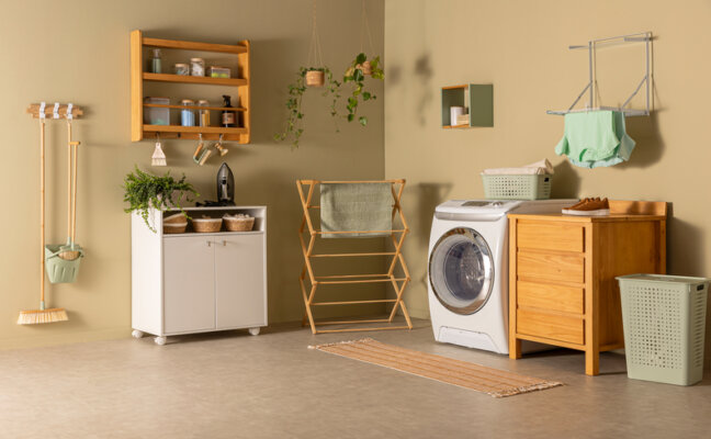 itens para lavanderia com móveis, itens de organização e decoração