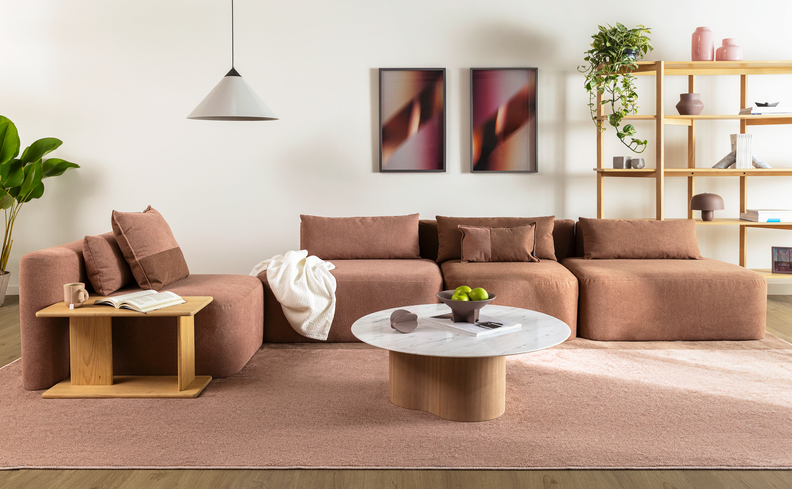 casa aconchegante na sala de estar com sofás, almofadas, tapete, quadros decorativos, estante e diversos itens de decoração