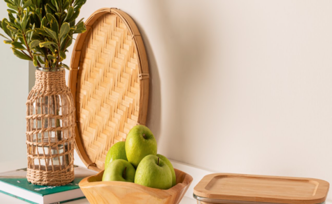 o que é rattan, um material natural que aparece em um cesto, e vaso decorativo