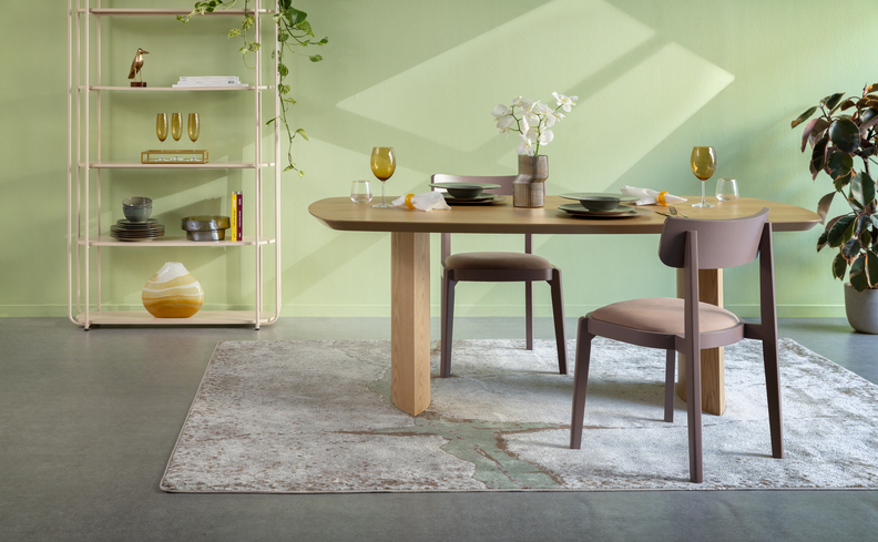 decoração para sala de jantar pequena com mesa, cadeiras, tapete, vaso com planta e estante com diversos itens de decoração