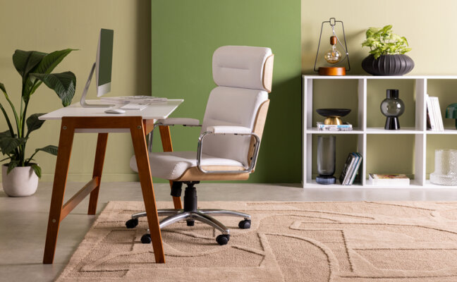 como manter a organização de documentos no escritório, com escrivaninha, cadeira, tapete, estante e diversos itens de organização e de decoração