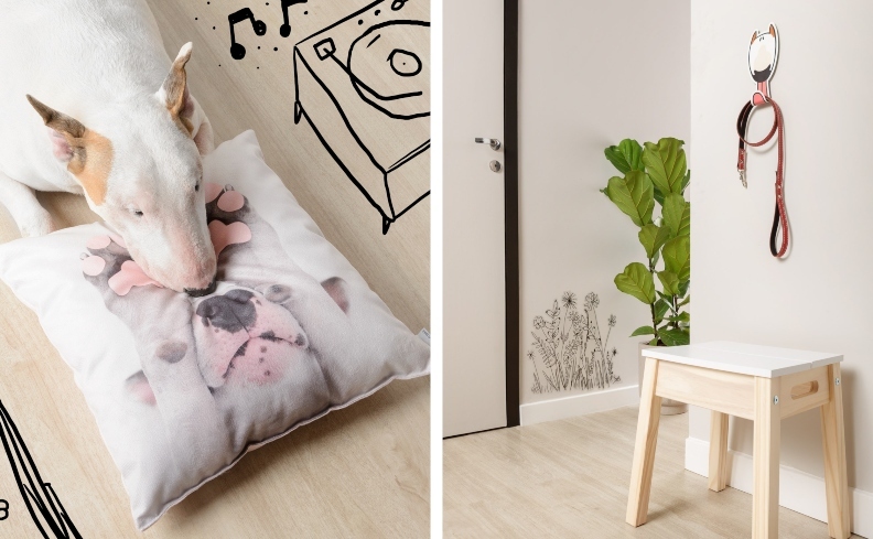 acessórios para pet com um cantinho para pet com almofada, caminha, coleira, entre outros itens que ele precisa