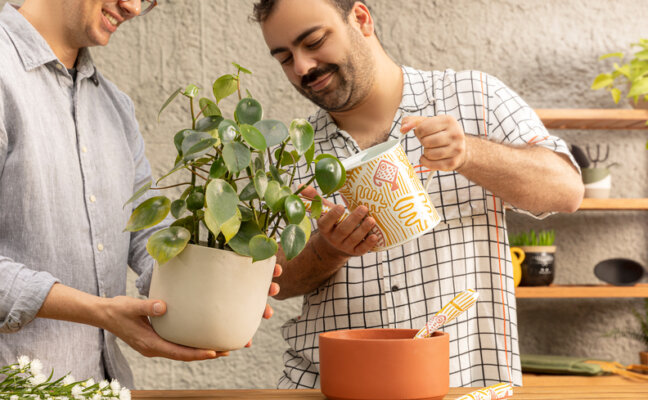 Dia dos namorados com casal fazendo jardinagem e aproveitando essa data comemorativa com carinho e afeto