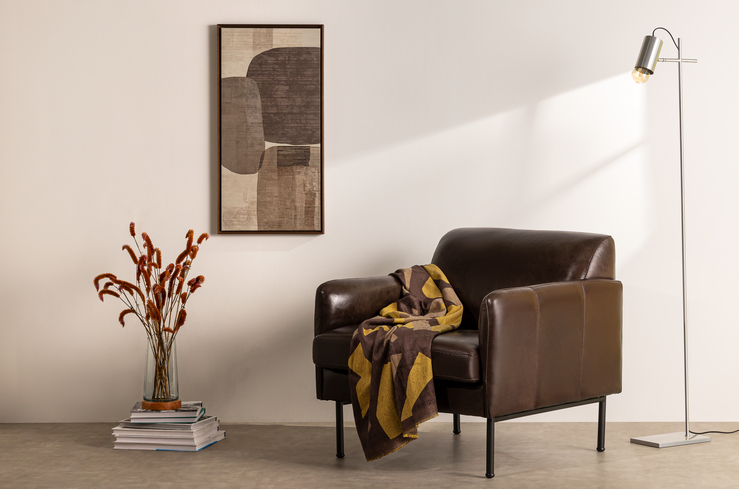 decoração aconchegante na sala de estar com poltrona, manta para sofá, quadro, luminária de chão e vaso com plantas