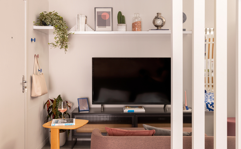 rack com itens de decoração como vasos com plantas, prateleiras, além de diversos livros, velas aromáticas, porta-retrato, adornos e muito mais.