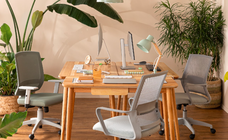 planner sem data em um escritório com mesa, cadeiras, vasos com plantas e diversos itens de papelaria.