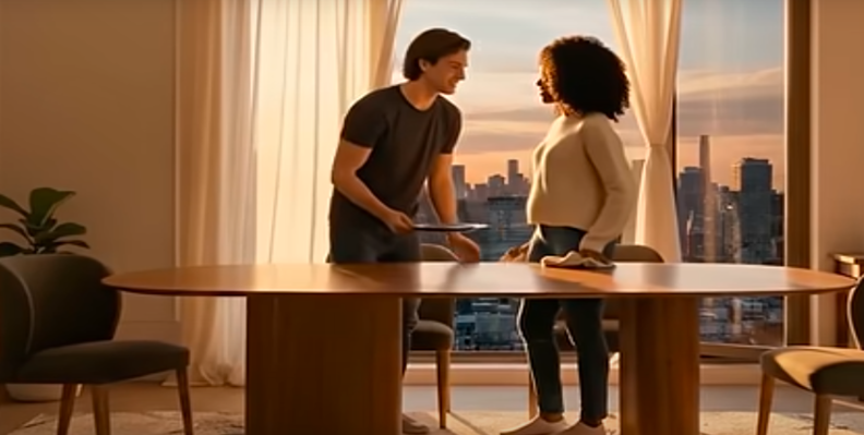 experiência do Grupo Toky com a ferramenta de inteligência artificial do VEO 3 Google, com um vídeo gerado com uma mesa de jantar, cadeiras e um casal feliz.