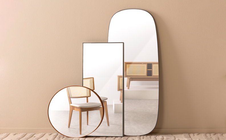 tipos de espelhos para sala de jantar em diversos formatos e tamanhos, como uma versão redonda, retangular e orgânico.