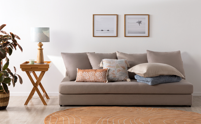 sofá para sala de apartamento pequeno com um modelo de sofá cama cinza, mesa de apoio de madeira, diversas almofadas, vaso com planta, tapete e dois quadros decorativos na parede.