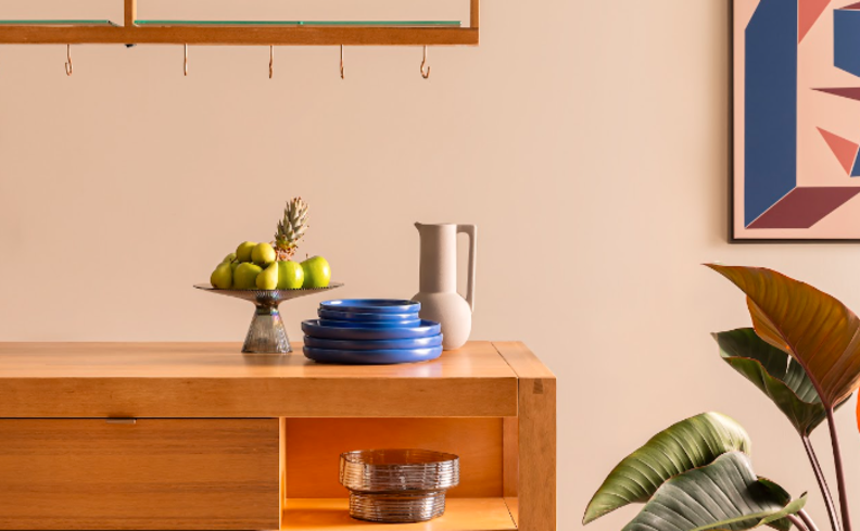 cozinha com sala integrada com ilha de cozinha, jirau, vasos com planta, quadro decorativo e pratos.